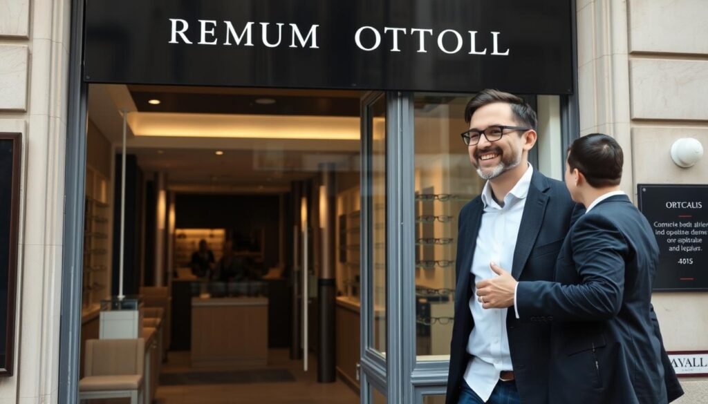 Client satisfait quittant un meilleur opticien bordeaux avec ses nouvelles lunettes