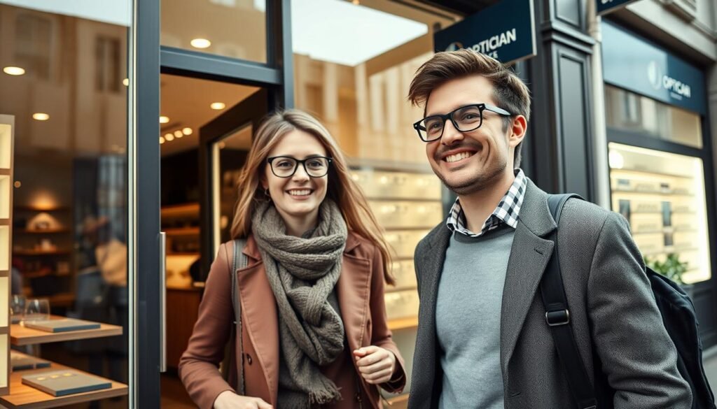 Client satisfait quittant un opticien à Lille avec sa nouvelle paire de lunettes