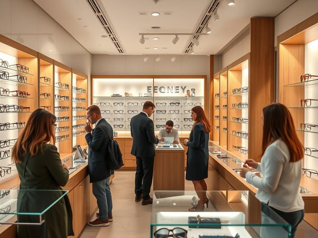 Intérieur d'une boutique d'opticien à bordeaux avec présentoirs de lunettes