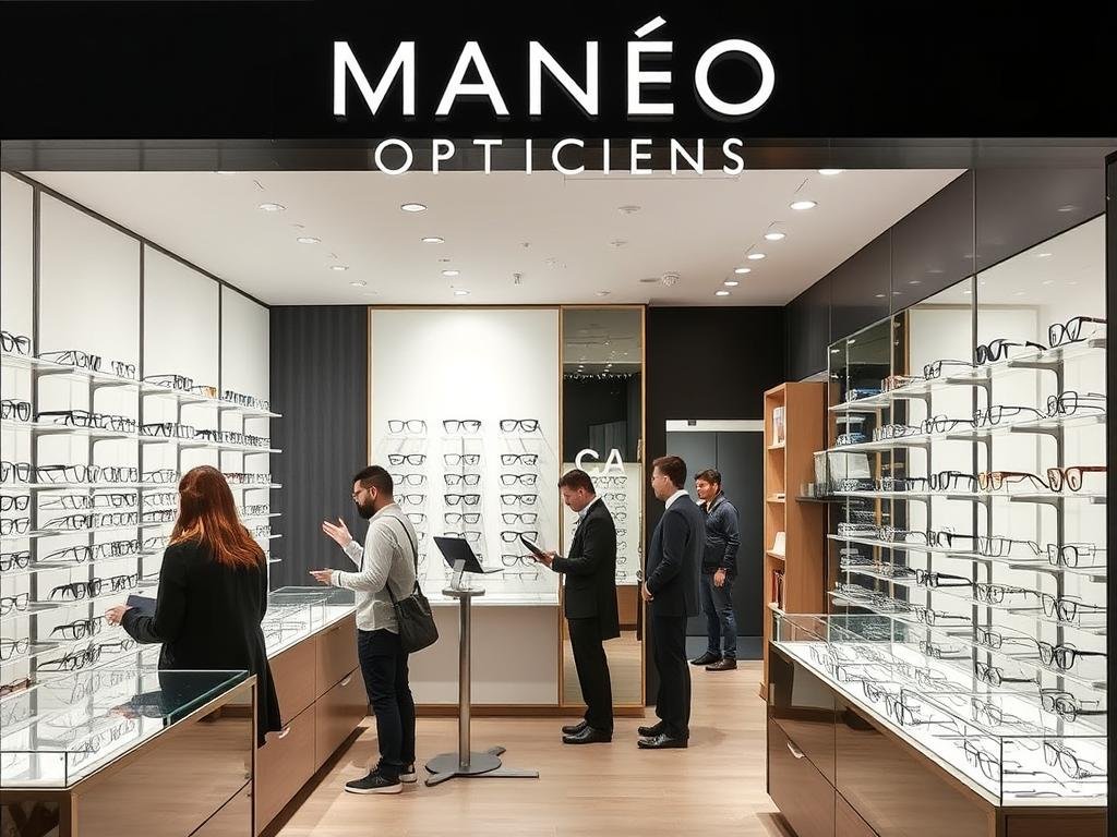 Intérieur moderne de la boutique MANÉO OPTICIENS avec présentoir de lunettes