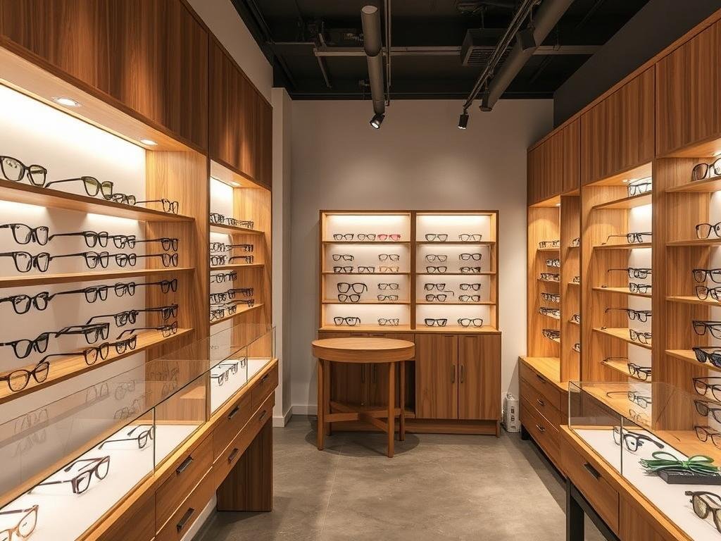 Intérieur moderne de la boutique Sacrées Mirettes à Lille avec présentoirs de lunettes design