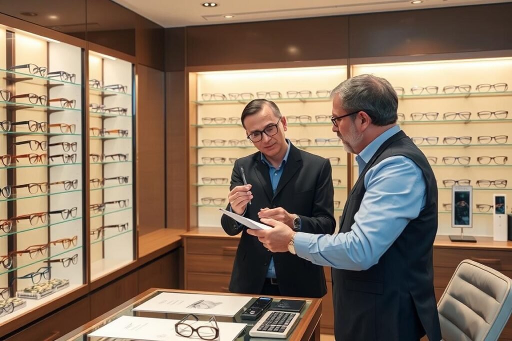 Opticien bordeaux présentant des lunettes de créateurs à un client