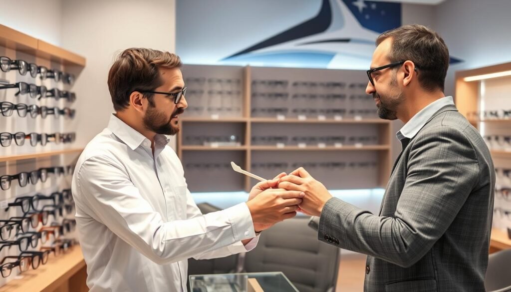 Client discutant avec un meilleur opticien strasbourg pour choisir des lunettes adaptées
