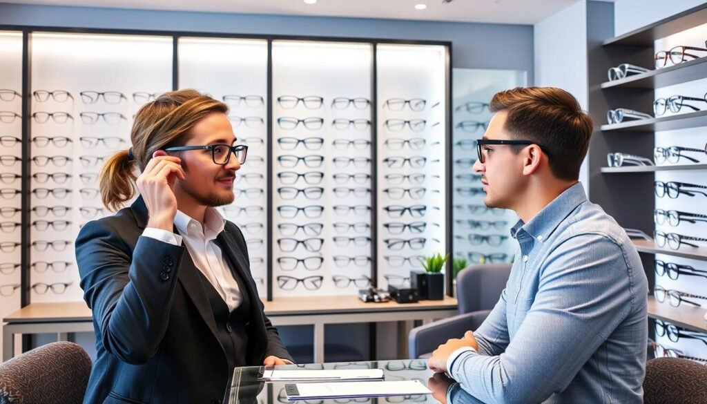 Client essayant des lunettes avec l'aide d'un opticien professionnel à Limoges, meilleur opticien limoges
