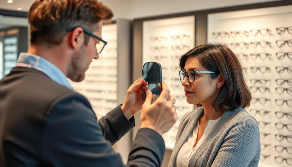 Client essayant des lunettes avec l'aide d'un opticien professionnel à Reims