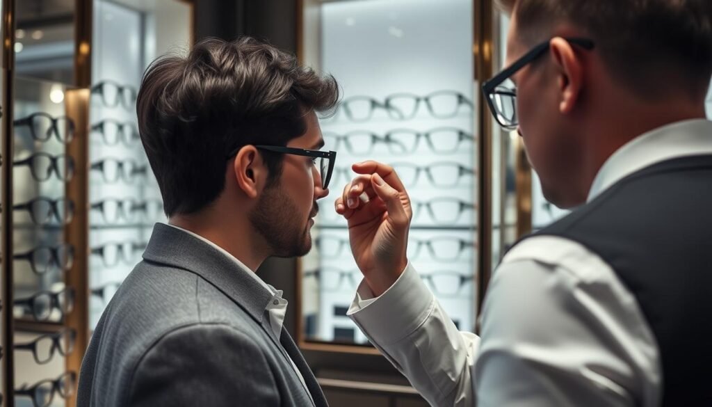 Client essayant des lunettes chez un des meilleurs opticiens paris 5