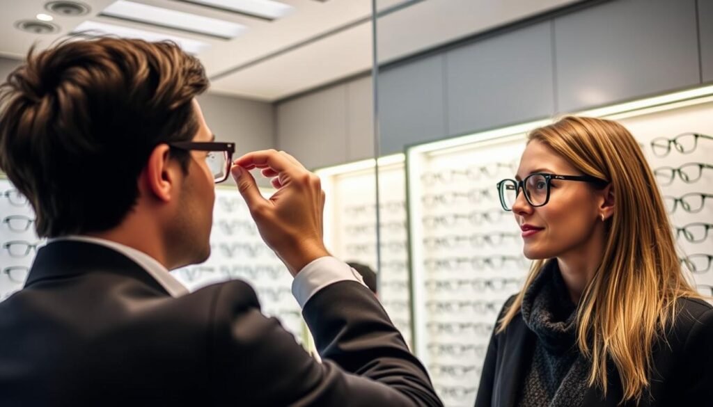 Client essayant des lunettes chez un meilleur opticien paris 20