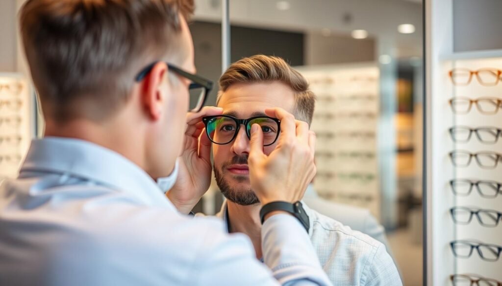 Client essayant des lunettes chez un opticien à Marseille avec l'aide d'un professionnel