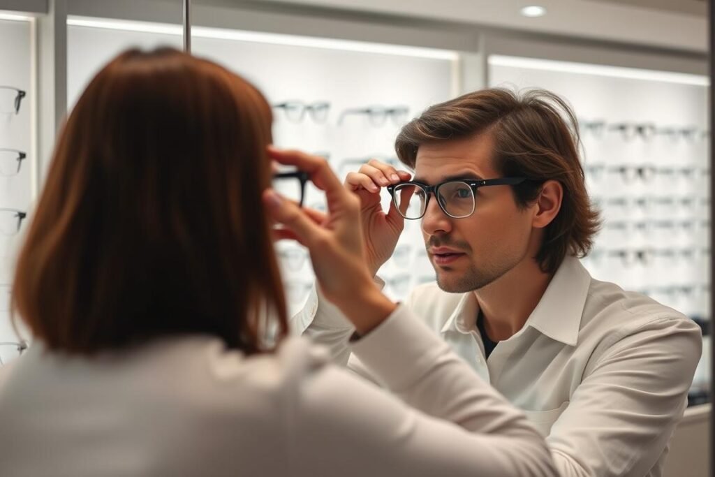 Client essayant des lunettes chez un opticien à Rennes