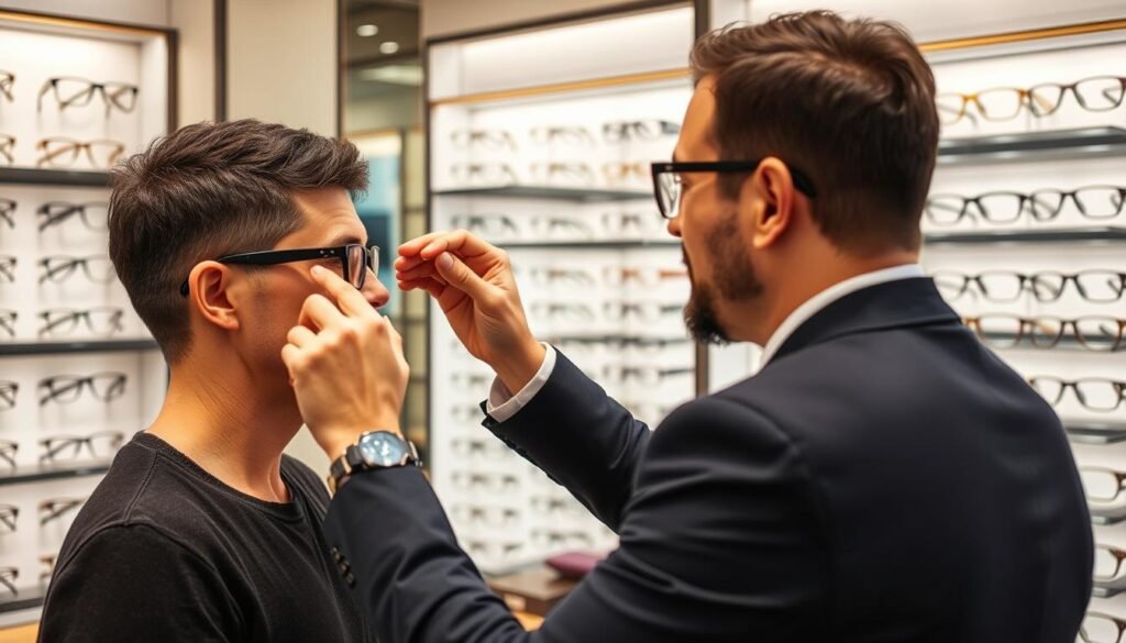 Client essayant des montures avec l'aide d'un opticien professionnel à Paris 17