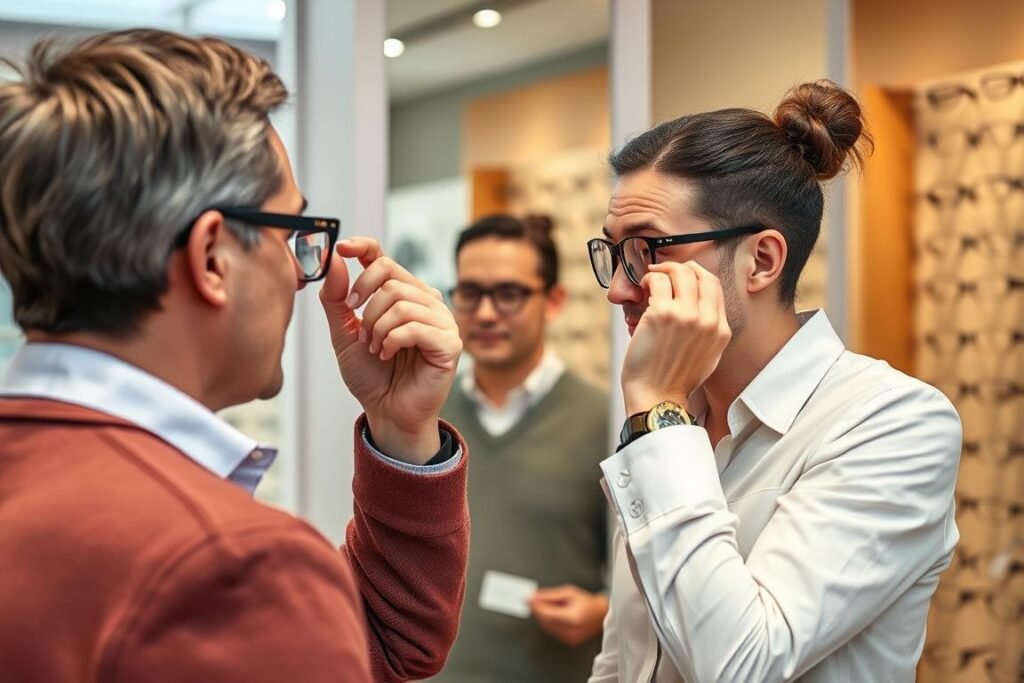 Client essayant différentes montures chez un opticien à Montpellier