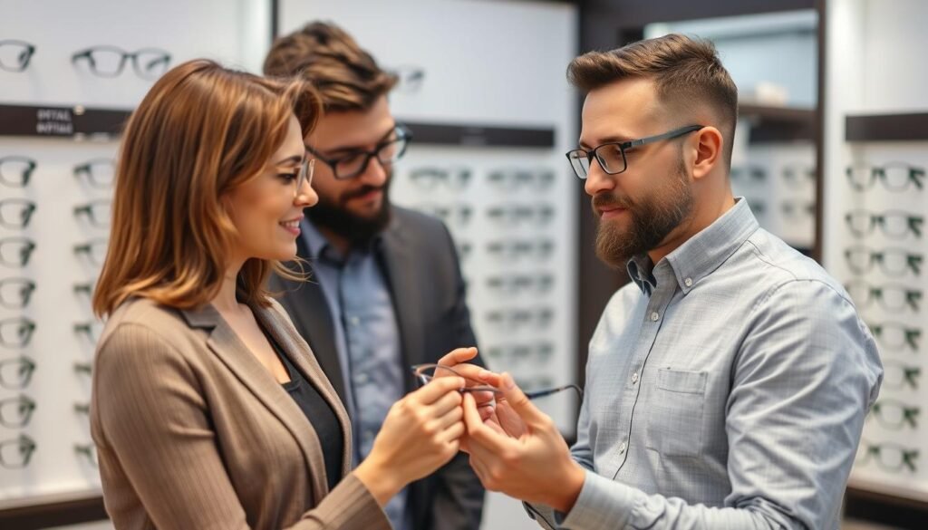 Client recevant des conseils personnalisés d'un opticien professionnel pour choisir des lunettes adaptées à sa morphologie