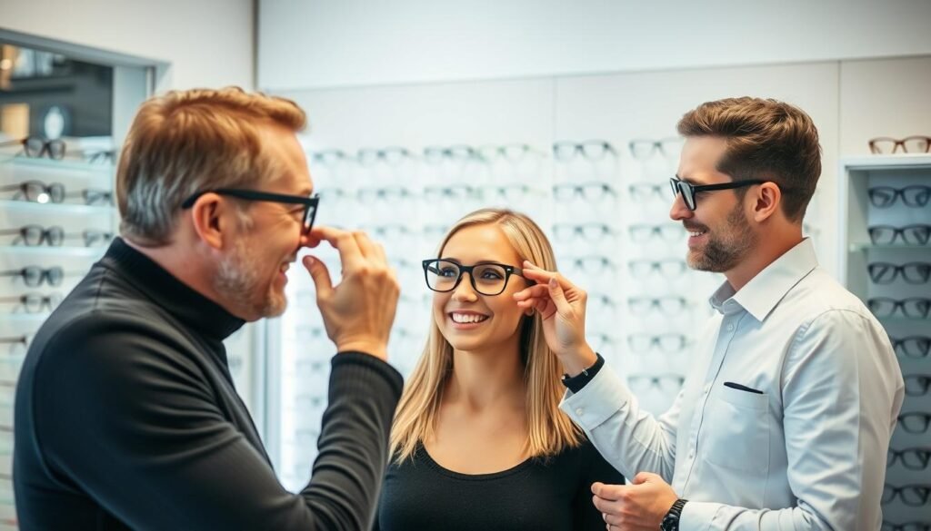 Client satisfait essayant des lunettes chez un opticien à Angers