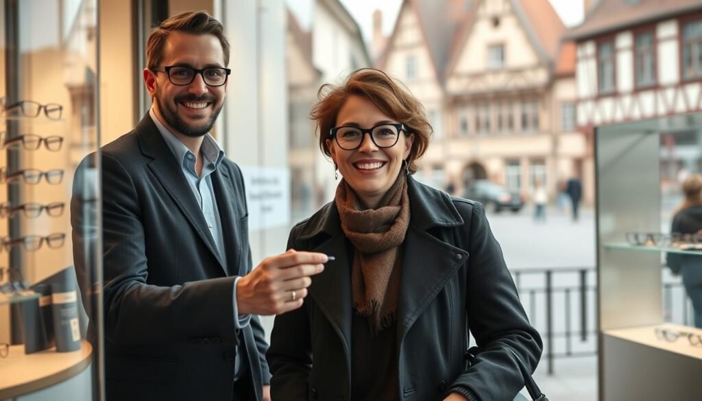 Client satisfait quittant un magasin d'opticien à Strasbourg avec ses nouvelles lunettes