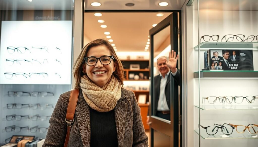 Client satisfait quittant un opticien du 20ème arrondissement avec ses nouvelles lunettes