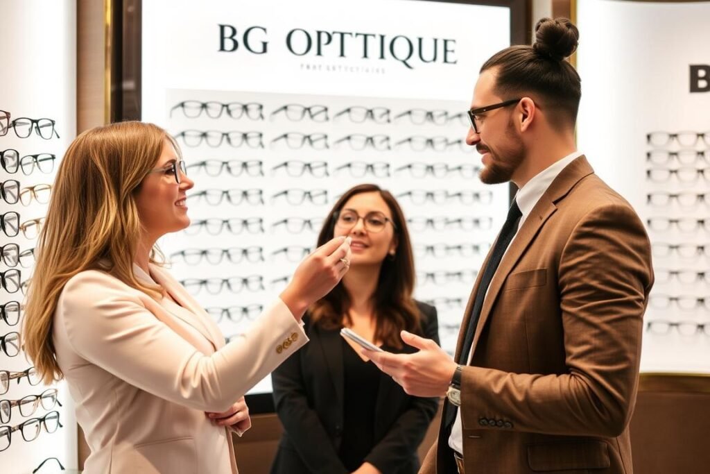 Conseiller de BG OPTIQUE aidant un client à choisir une monture adaptée à son visage