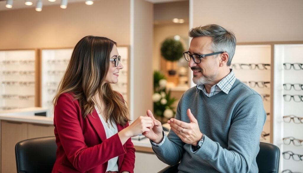 Consultation avec un opticien à Mulhouse, discussion sur les besoins visuels, meilleur opticien mulhouse