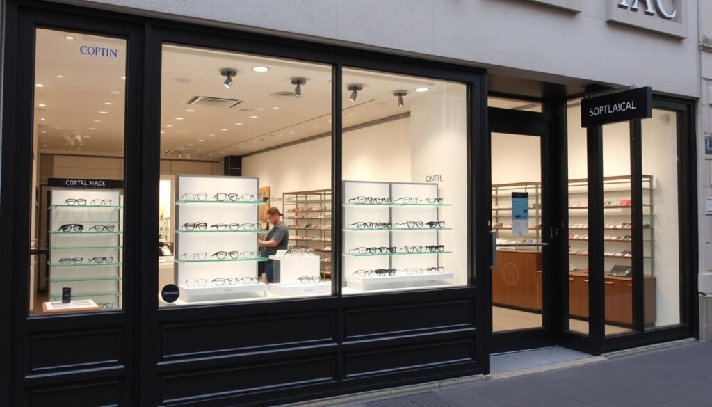 Devanture d'un magasin d'optique à Colmar avec une sélection de lunettes en vitrine