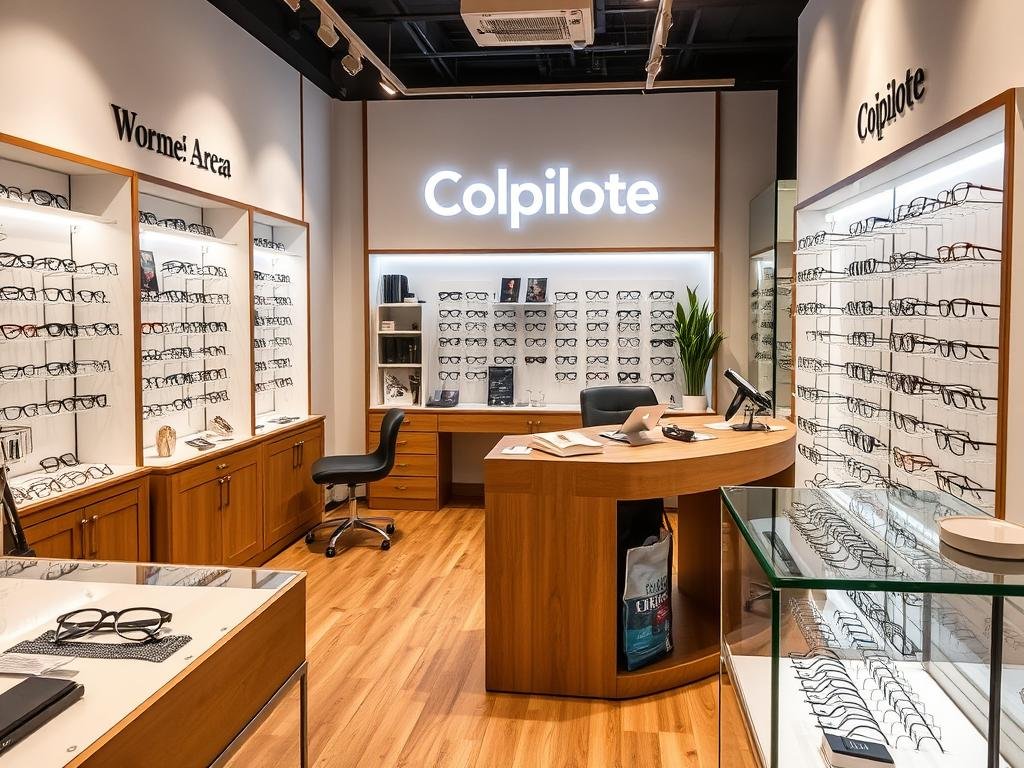 Espace d'accueil chaleureux de Copilote avec zone de consultation personnalisée et présentoirs de lunettes soigneusement organisés