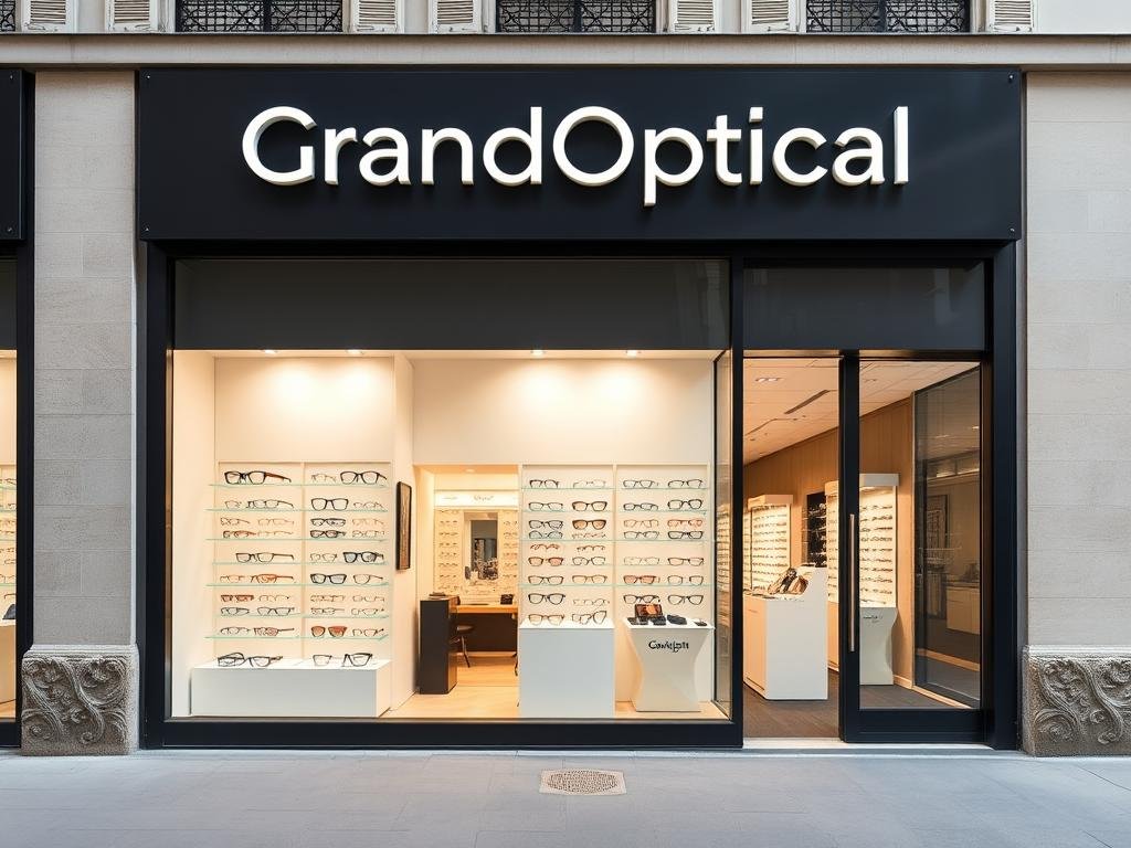 Façade professionnelle de GrandOptical sur l'Avenue de l'Opéra avec large vitrine exposant des collections variées de lunettes
