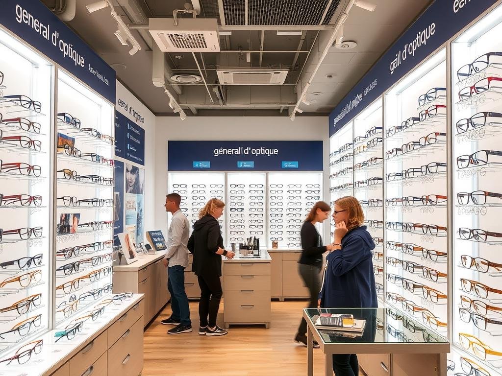 Intérieur de la boutique Générale d'Optique à Lyon 6 avec présentoirs de lunettes