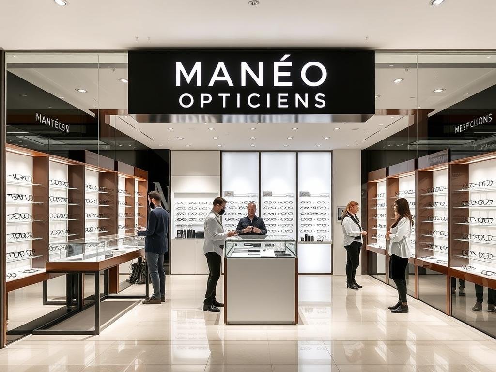 Intérieur de la boutique MANÉO OPTICIENS à Metz montrant un espace moderne avec présentoirs de lunettes
