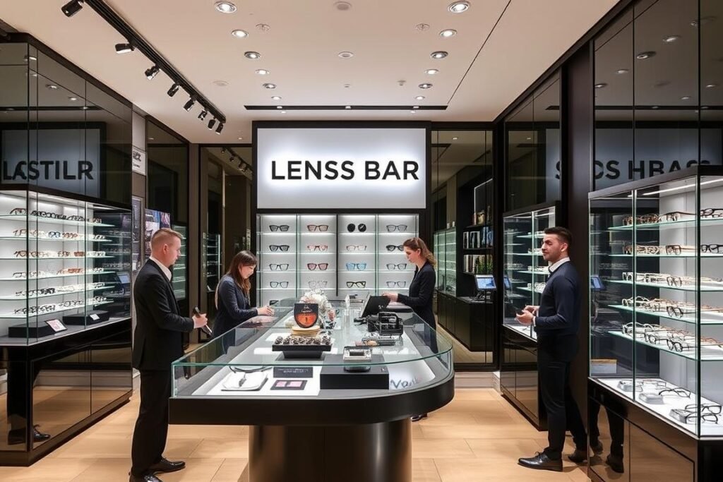 Intérieur de la boutique Optic Duroc avec son bar à verres et ses présentoirs de lunettes de marque