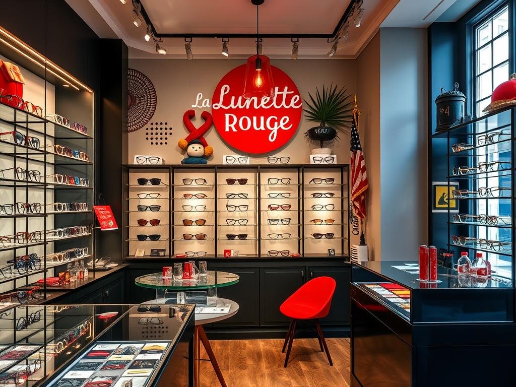 Intérieur design de La Lunette Rouge avec sa collection de montures originales