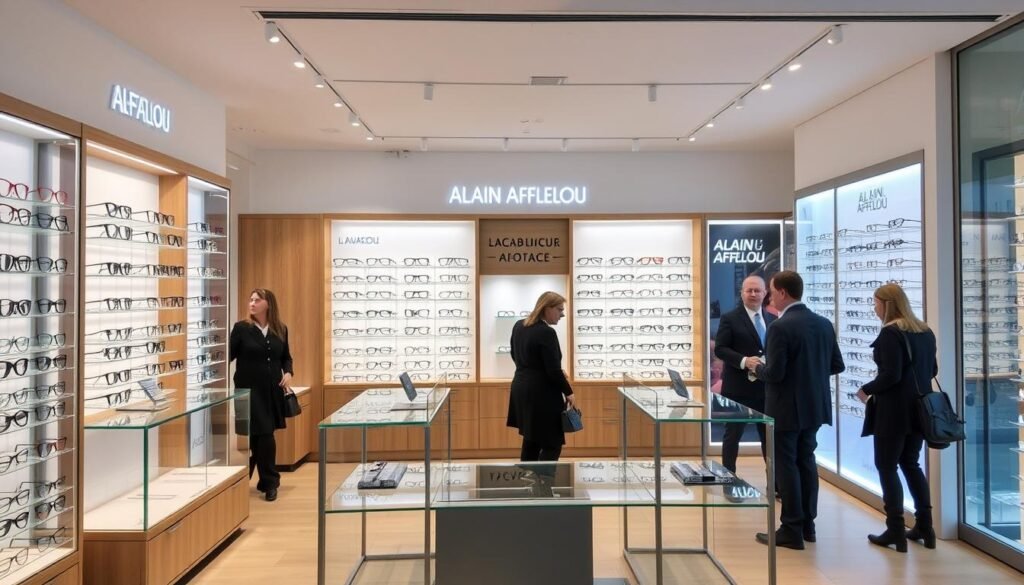 Intérieur du magasin Alain Afflelou à Limoges avec présentoirs de lunettes, meilleur opticien limoges