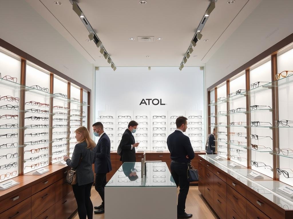 Intérieur du magasin Atol sur le cours Franklin Roosevelt à Lyon 6 avec présentoirs de lunettes
