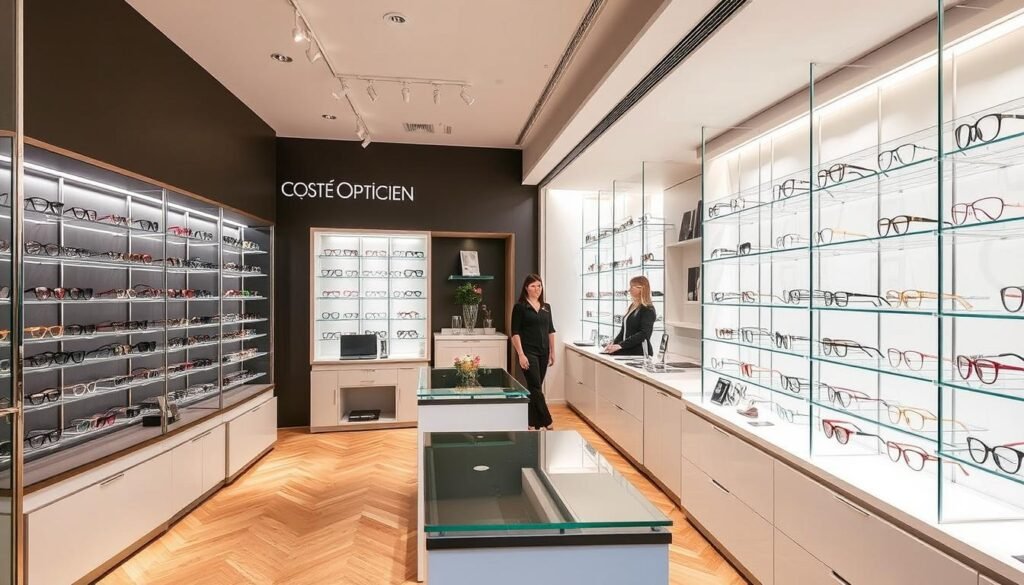 Intérieur du magasin Coste Opticien à Rochechouart avec présentoirs de lunettes, meilleur opticien limoges