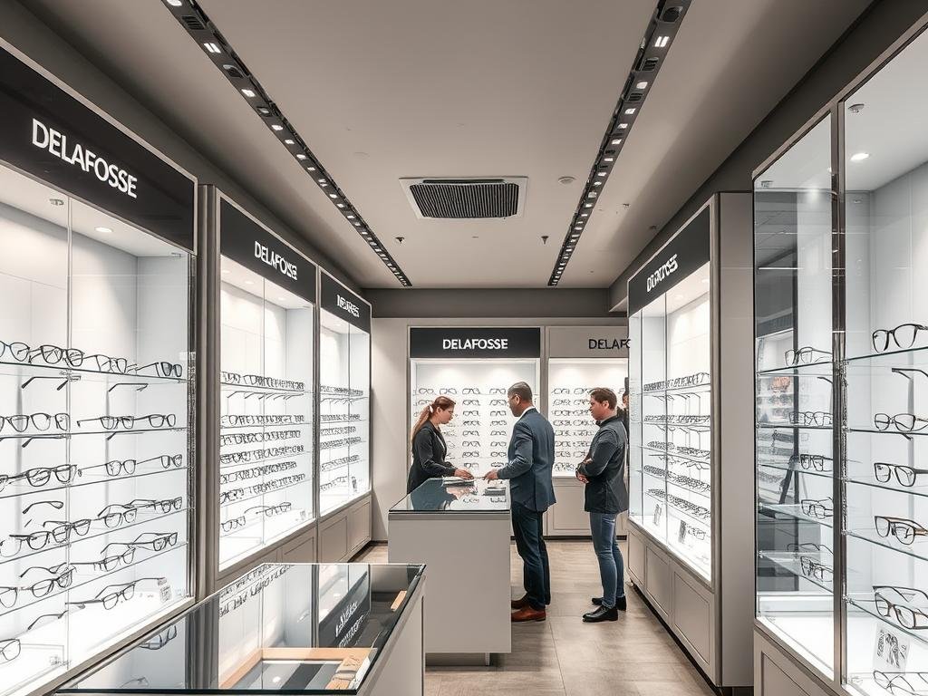 Intérieur du magasin Delafosse Opticiens à Grenoble avec présentoirs de lunettes