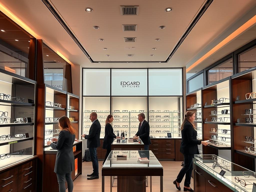 Intérieur du magasin Edgard Opticiens à Strasbourg montrant une sélection de lunettes de créateurs