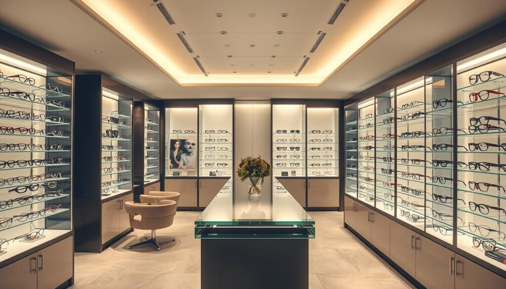 Intérieur d'une boutique d'optique à Lyon 9 avec présentoir de lunettes
