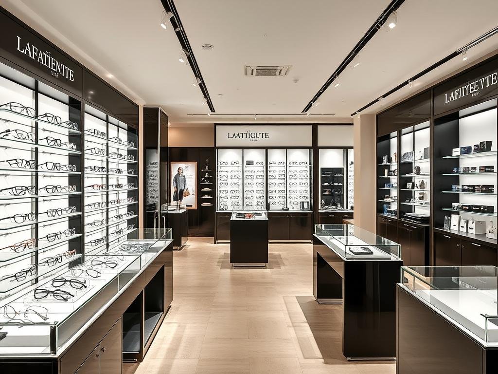 Intérieur élégant d'Optique Lafayette à Reims avec collections de lunettes haut de gamme