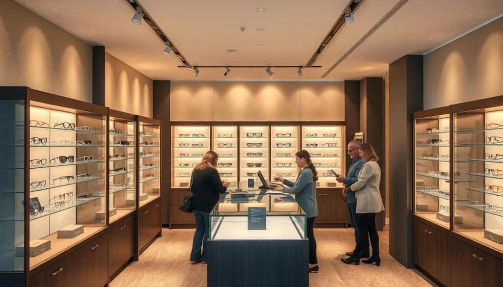 Intérieur élégant de Blanvillain Opticiens à Angers avec présentoirs de lunettes design