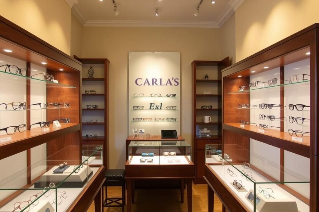 Intérieur élégant de la boutique Carla's Eyeworks avec présentoirs de lunettes design