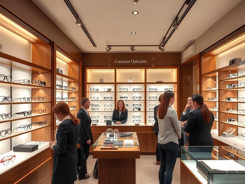 Intérieur élégant de la boutique Constant Opticiens avec présentoirs de lunettes haut de gamme
