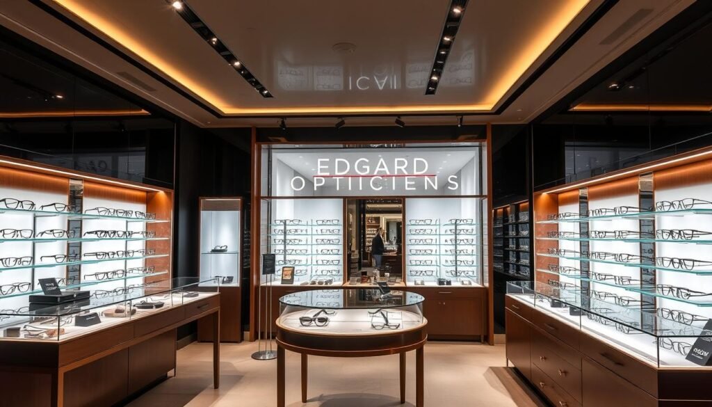 Intérieur élégant de la boutique Edgard Opticiens à Lyon 2 avec présentoirs de lunettes haut de gamme