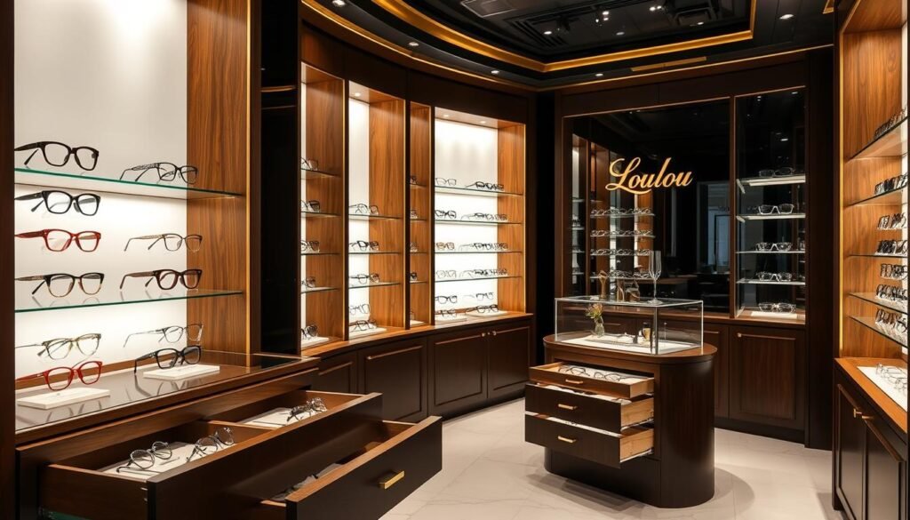 Intérieur élégant de la boutique Loulou à Lyon 2 avec présentoirs de lunettes design