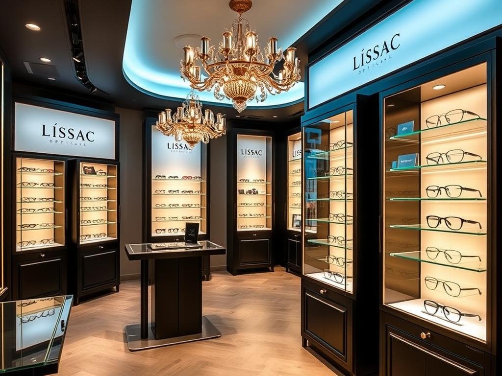 Intérieur élégant du magasin Lissac à Colmar avec présentoirs de lunettes de luxe