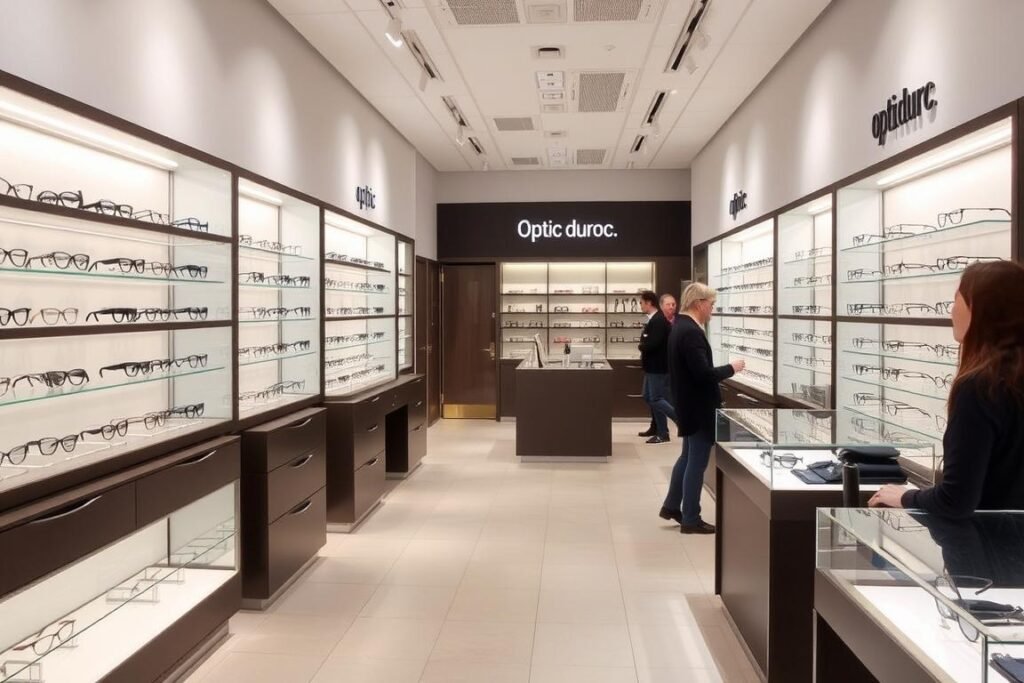 Intérieur moderne d'Optic Duroc Mulhouse avec présentoirs de lunettes élégants