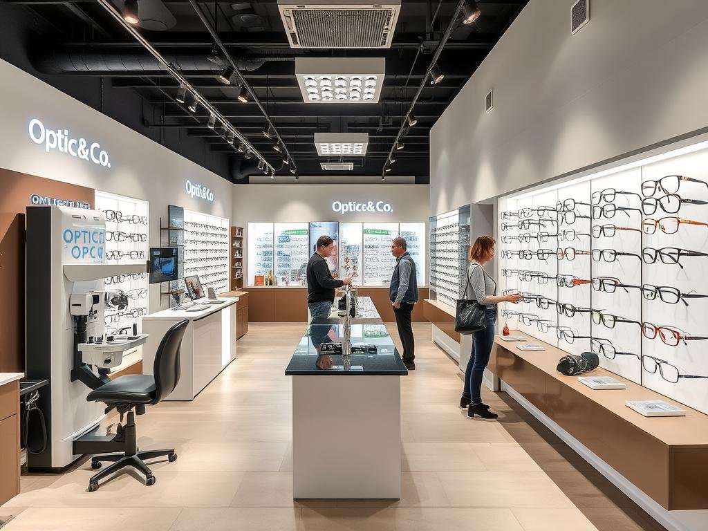 Intérieur moderne d'Optic and Co, meilleur opticien amiens avec technologie avancée