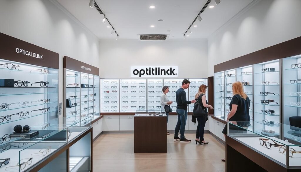 Intérieur moderne d'Optical Blink à Paris 14 avec présentoirs élégants de lunettes