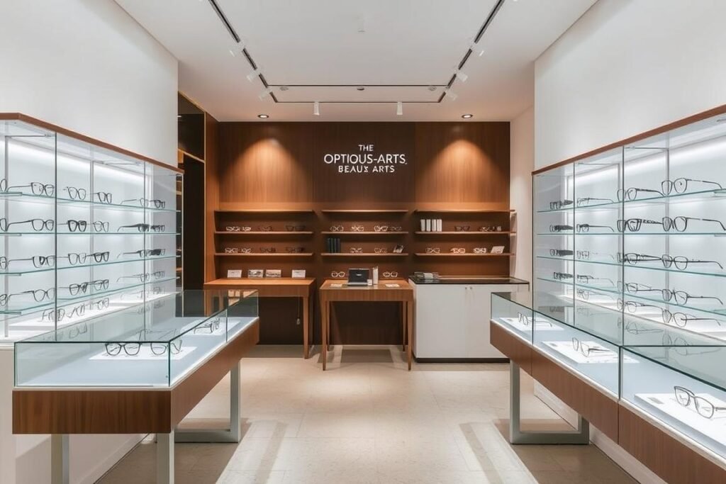 Intérieur moderne d'Optique Beaux-Arts avec présentoirs élégants