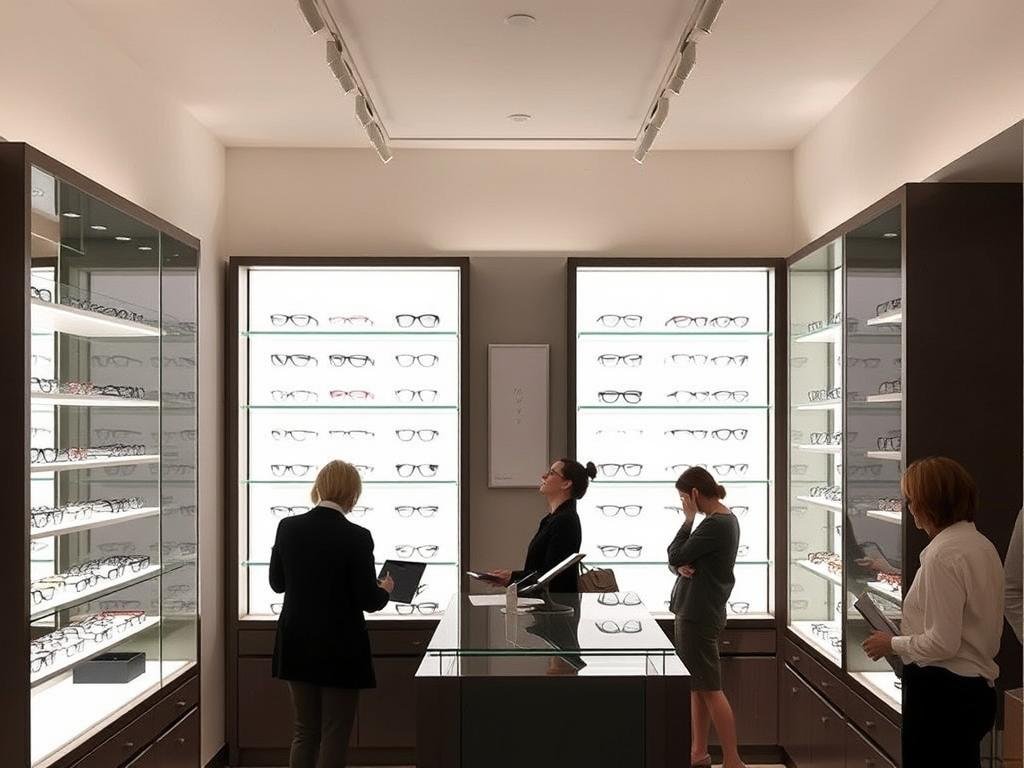 Intérieur moderne de La Genette Optique à La Rochelle avec présentoirs de lunettes
