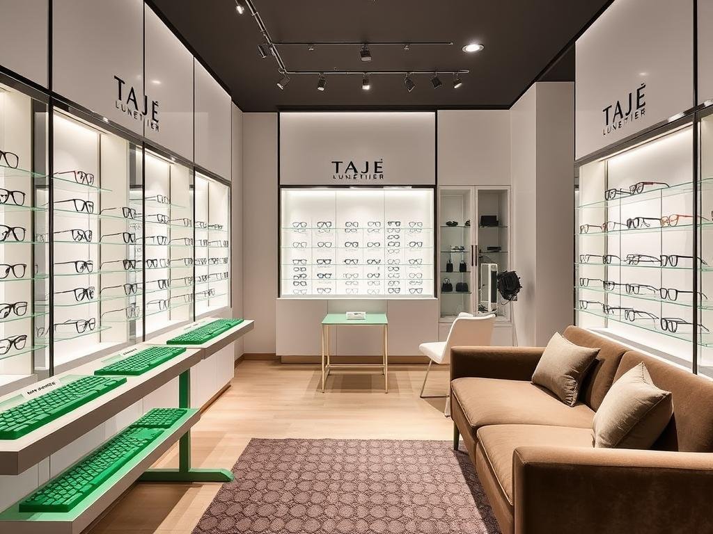 Intérieur moderne de TAJE Lunetier avec présentoirs élégants de lunettes de créateurs et espace d'essayage confortable