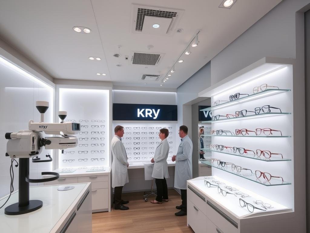 Intérieur moderne du magasin Krys à Dijon avec espace d'examen de vue Intérieur moderne du magasin Krys à Dijon avec espace d'examen de vue