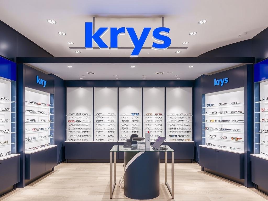 Intérieur moderne du magasin Krys à Reims avec présentoirs de lunettes et espace conseil