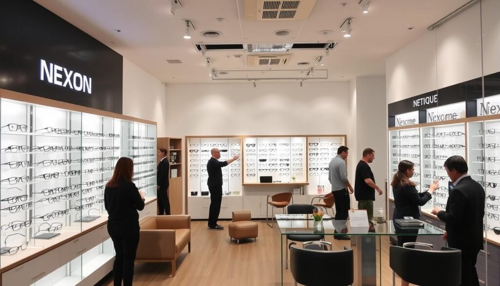 Intérieur moderne du magasin Nexon Optique avec présentoirs de lunettes, meilleur opticien limoges